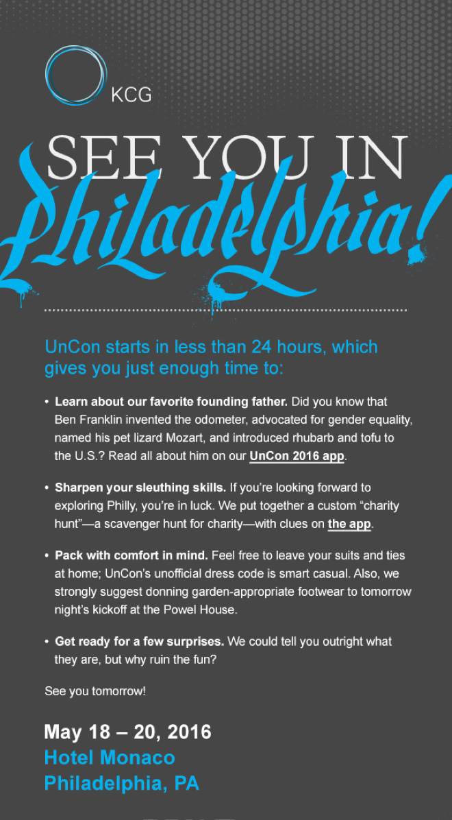 Invite for the 2016 KCG Uncon client event with the headline "See you in Philadelphia!" in ornate script.