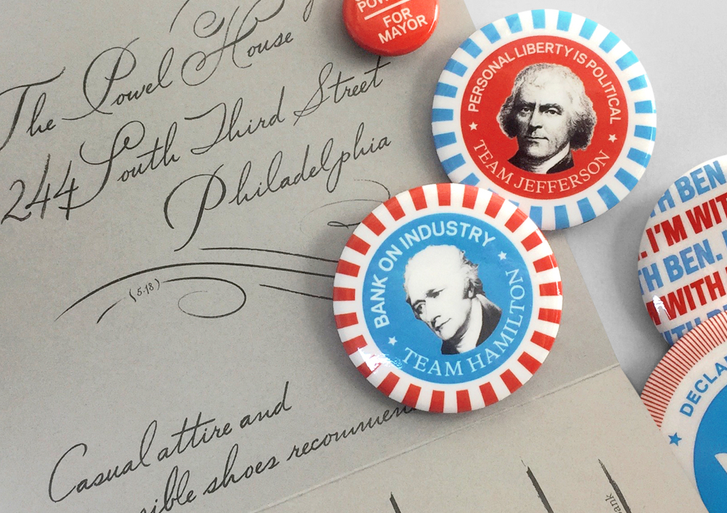 An invitation to dinner and buttons featuring images of the founding fathers for the 2016 KCG Uncon client event.
