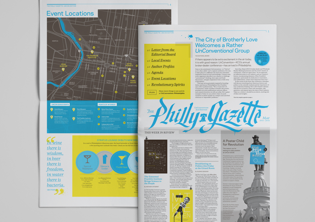 Front and back pages of the "Philly Gazette," the newspaper-style guide for the 2016 KCG Uncon client event.