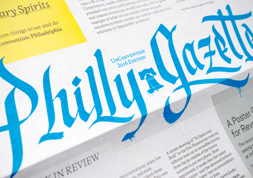 Close up of the "Philly Gazette," the newspaper-style guide for the 2016 KCG Uncon client event.