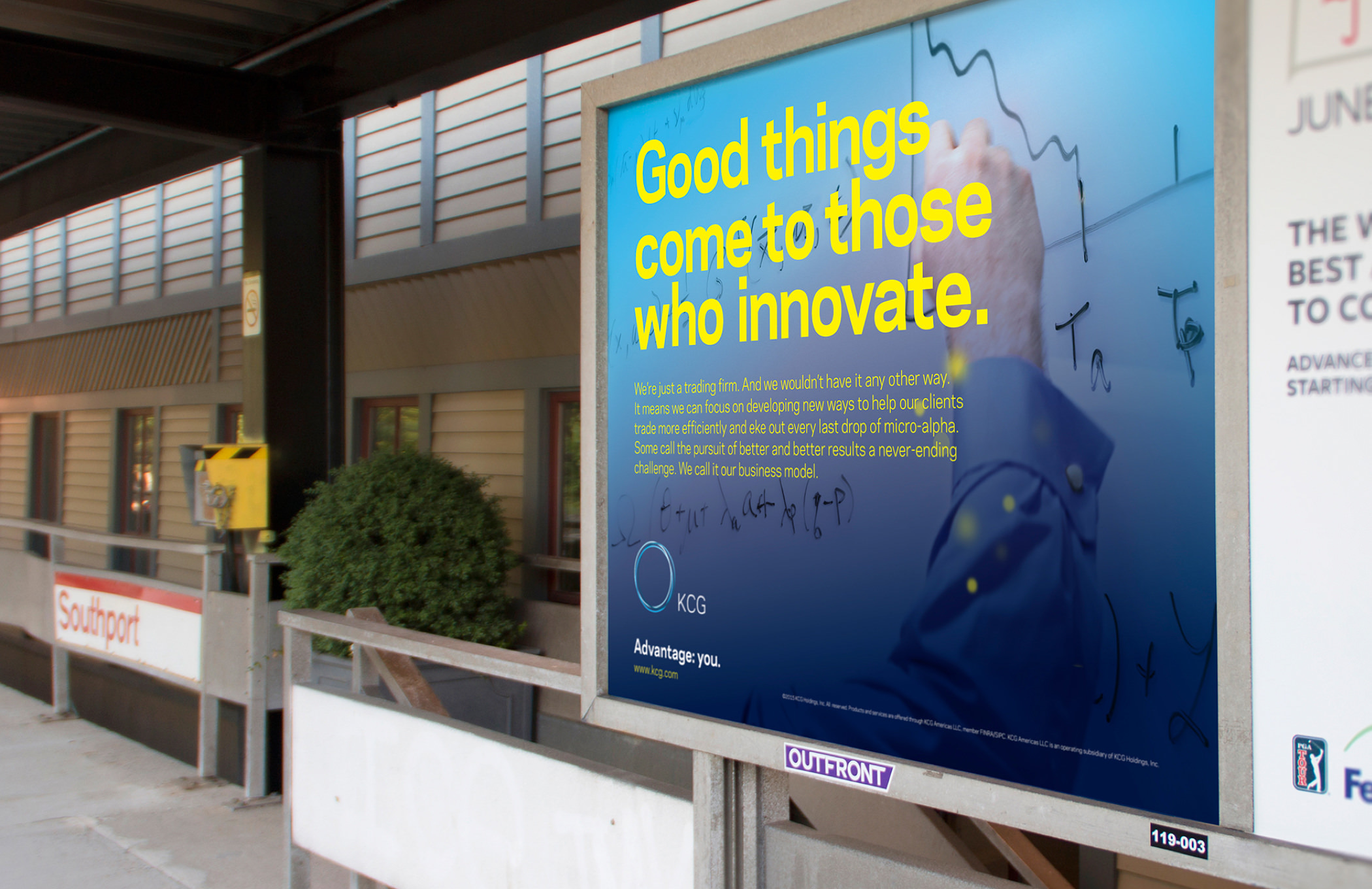 Ad on a train platform with the headline "Good things come to those who innovate"; image of hand writing on a whiteboard.