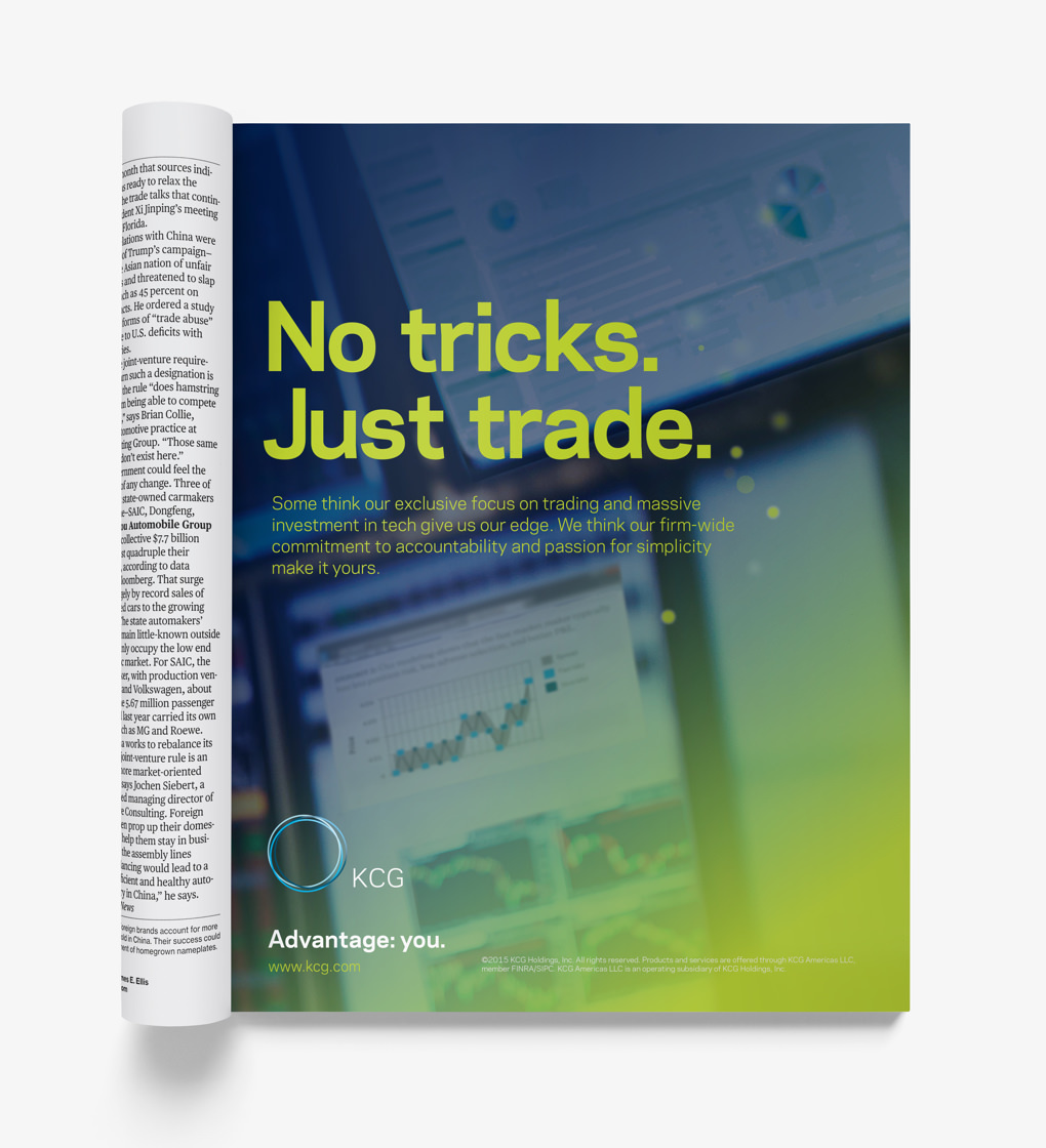 Magazine ad with the headline "No tricks, just trade" over a photo collage.