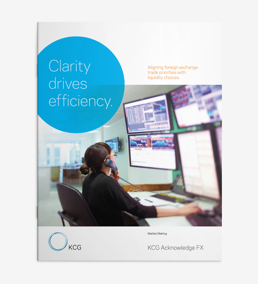 KCG brochure cover with headline "Clarity drives efficiency" and a person at a computer workstation talking on the phone.