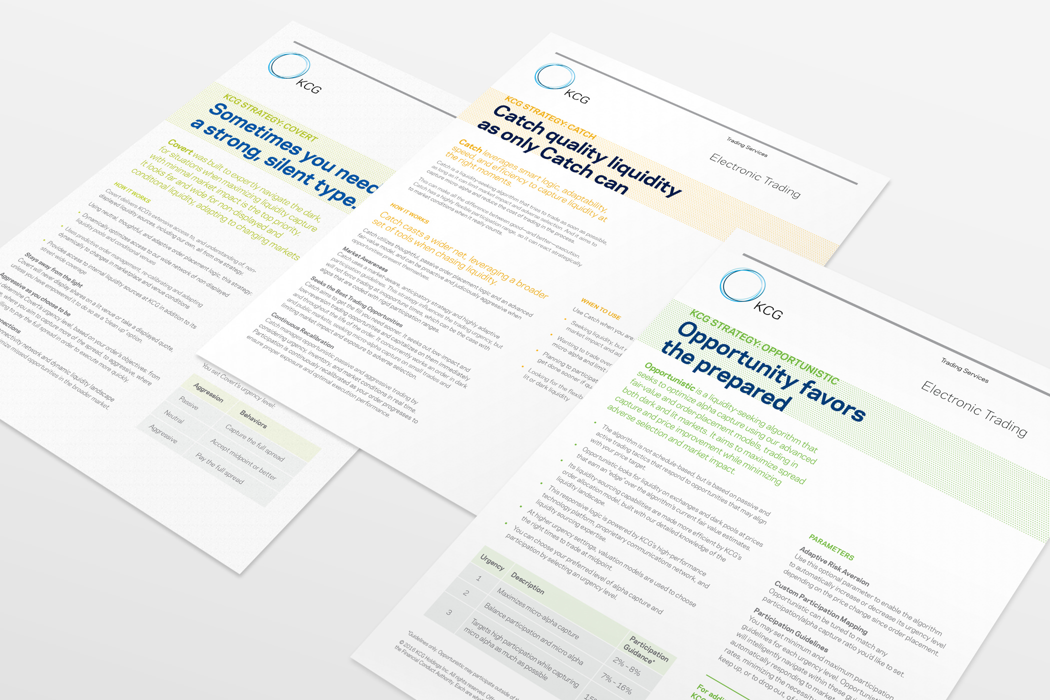 Three KCG electronic trading product sales sheets with text and charts laid out on a work surface.