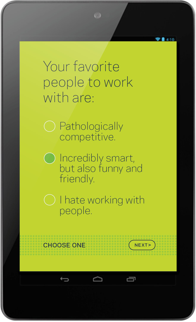 Smartphone screen shot showing the features of the "Are You KCG?" recruiting app.