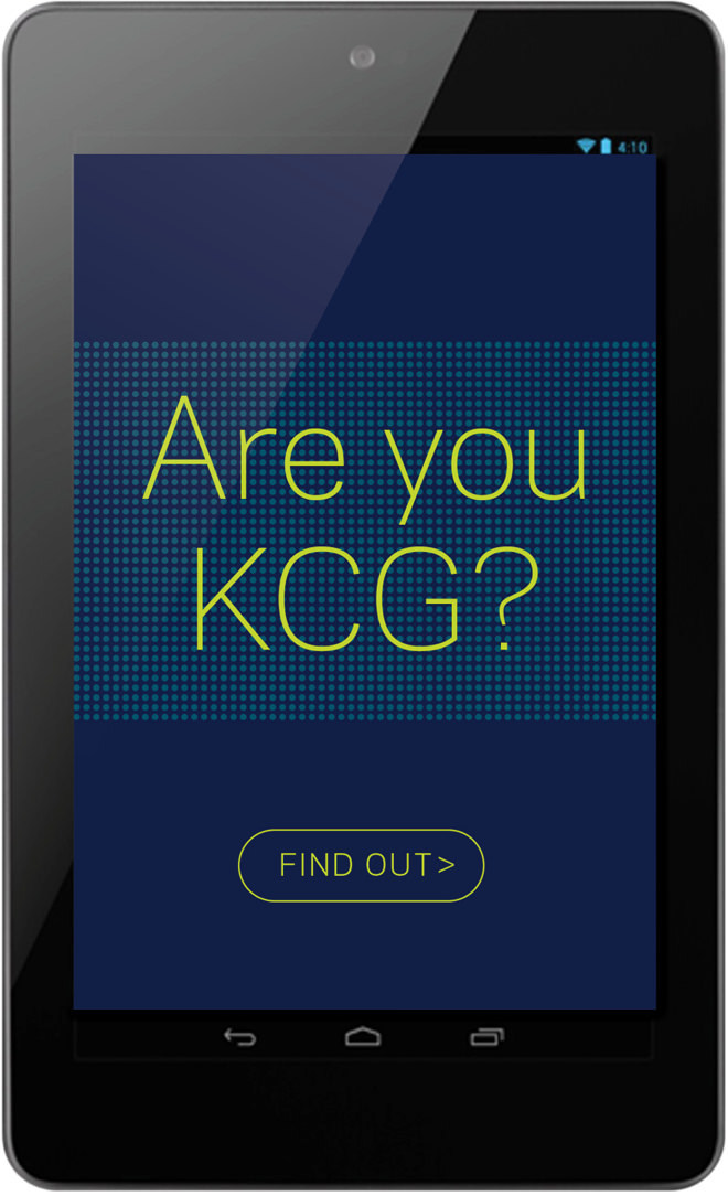 Smartphone screen shot showing the features of the "Are You KCG?" recruiting app.