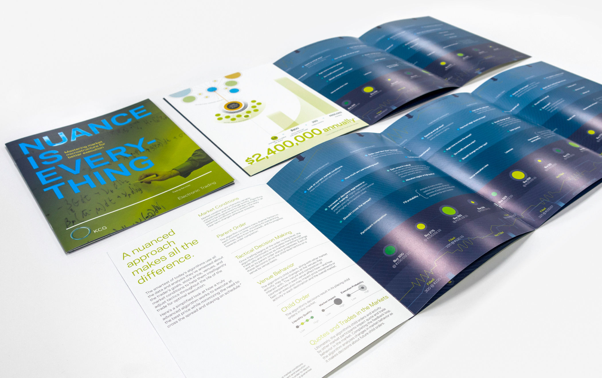 Cover and multiple illustrated pages of a KCG capabilities brochure entitled "Nuance is Everything" laid out on a table.