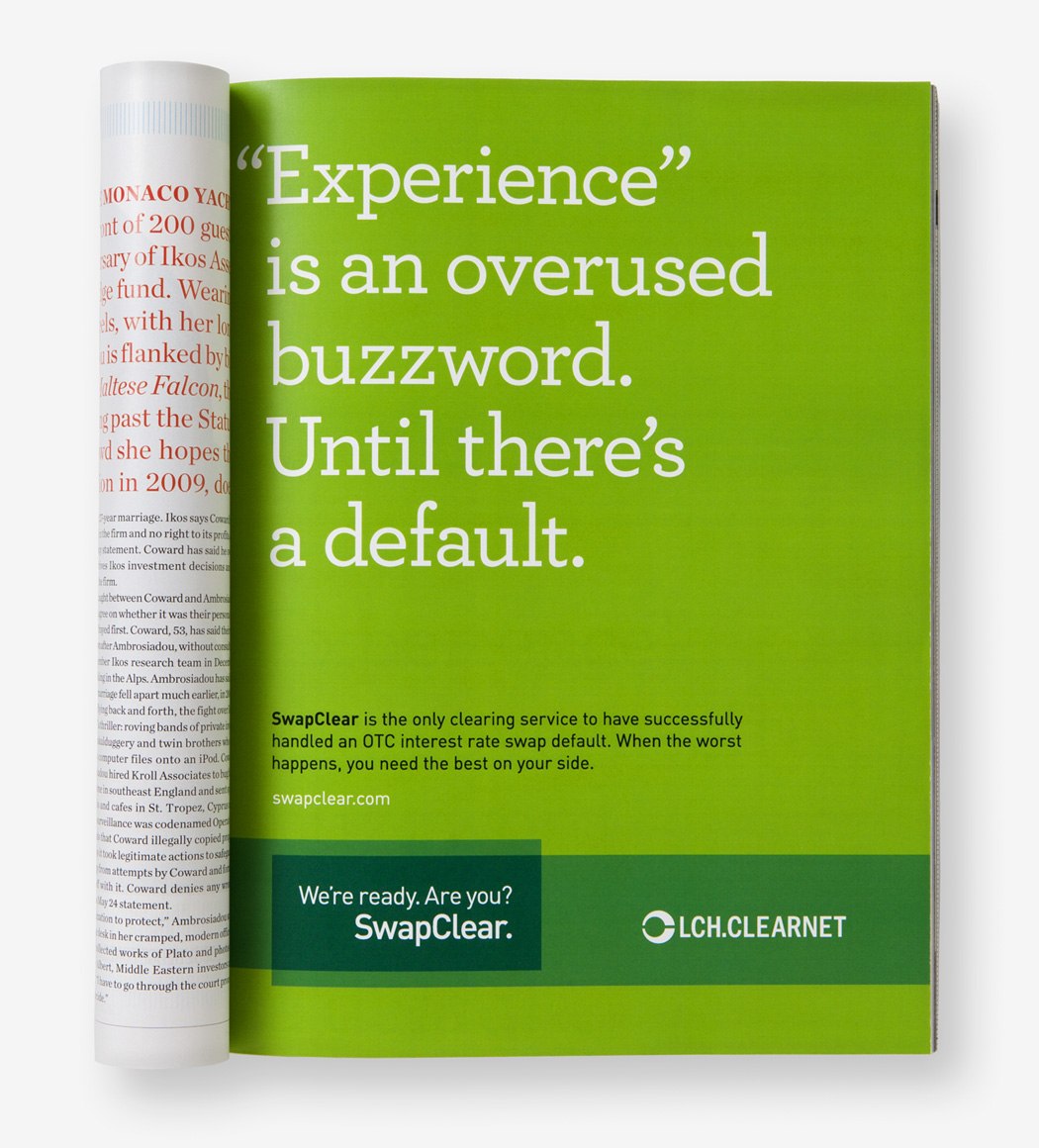 A Swapclear magazine ad with the text, Experience is an overused buzzword. Until there's a default.
