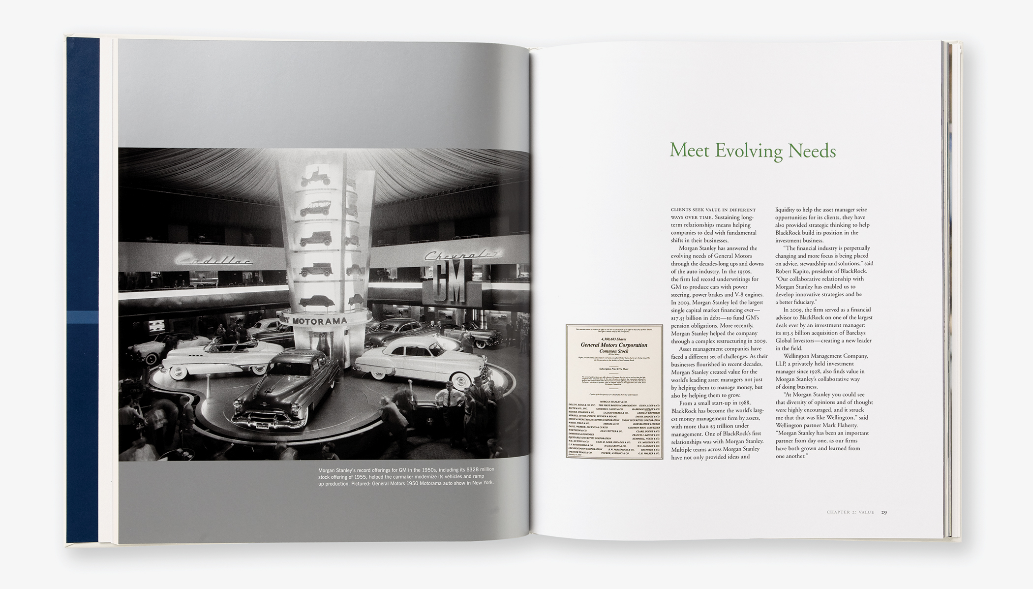 Pages from the Morgan Stanley 75th anniversary commemorative book with vintage photos of GM cars and stock certificates.