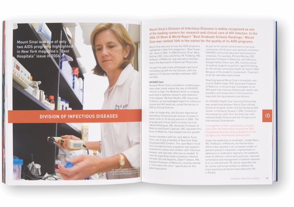 Pages from the Mount Sinai Department of Medicine 2007 Annual Report for the division of infectious diseases showing a lab researcher at work.