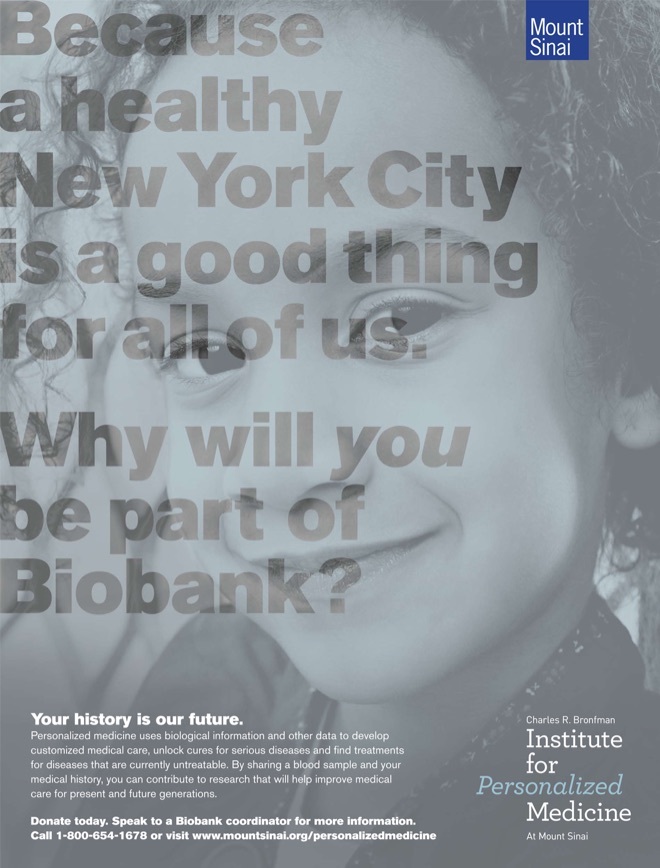 An Institute for Personalized Medicine poster with the text, Because a healthy New York CIty is a good thing for all of us.