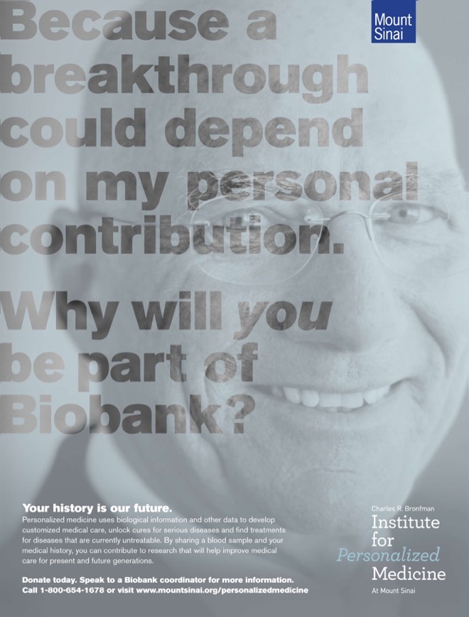 An Institute for Personalized Medicine poster with the text, Because a breakthrough could depend on my personal contribution.