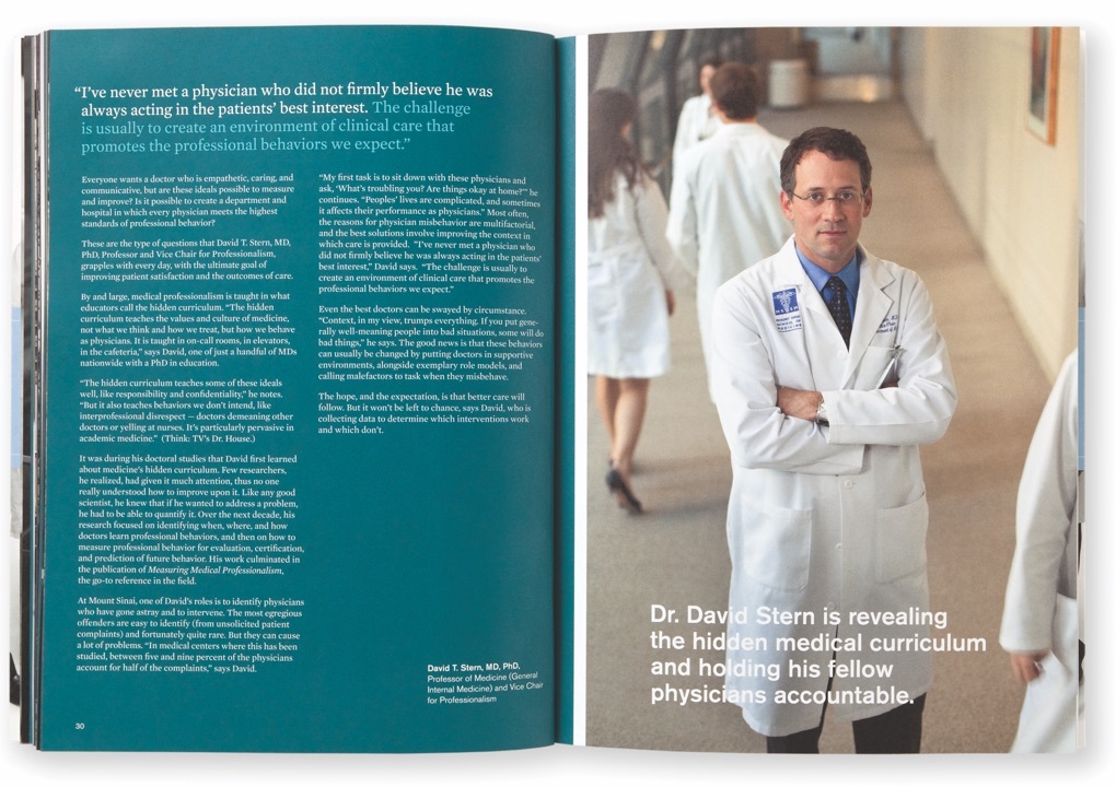 Pages from the Mount Sinai Department of Medicine 2009 Annual Report with a picture of Dr. David Stern and text of an interview with him.