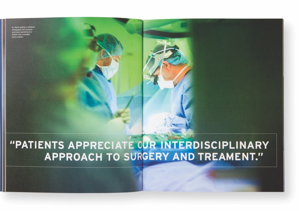 Page from the Mount Sinai Orthopaedics Annual Report showing two doctors in an operation room and the text, Patients appreciate our interdisciplinary approach to surgery and treatment.