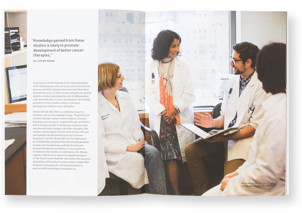 Pages from the Tisch Cancer Institute's 2011 Annual Report showing doctors in lab coat meet informally in a hospital office.