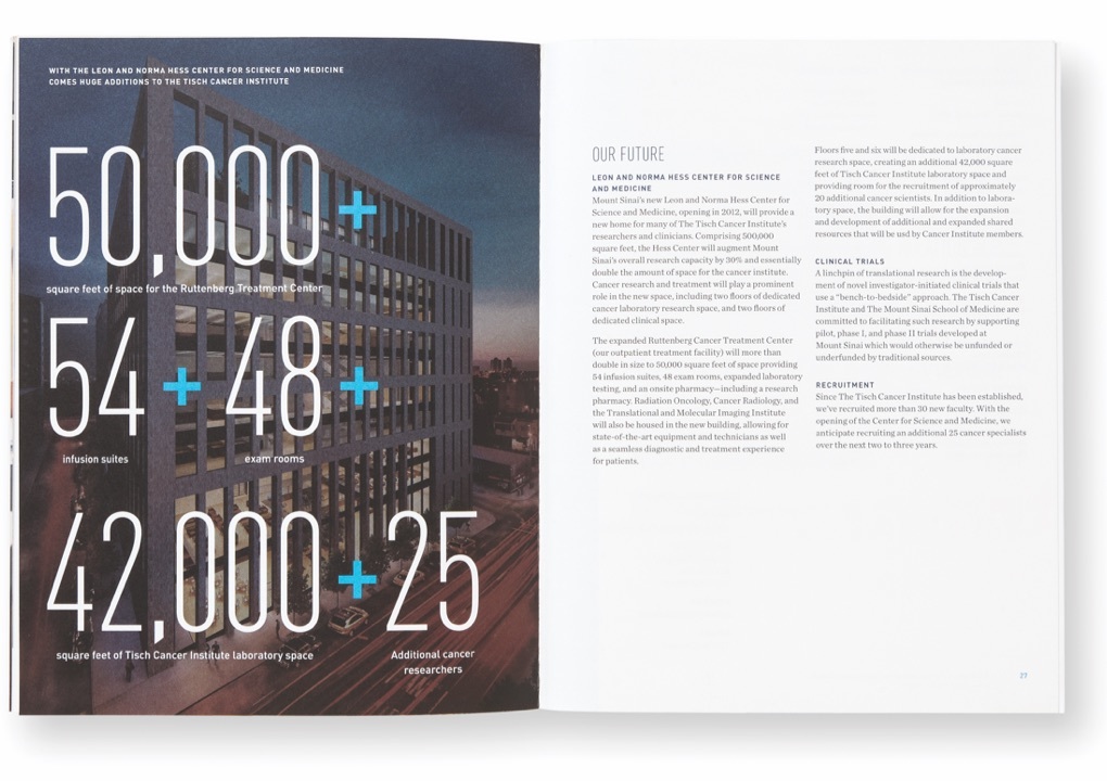 Pages from the Tisch Cancer Institute's 2011 Annual Report with an exterior picture of the offices and large numerical statistics about its programs.