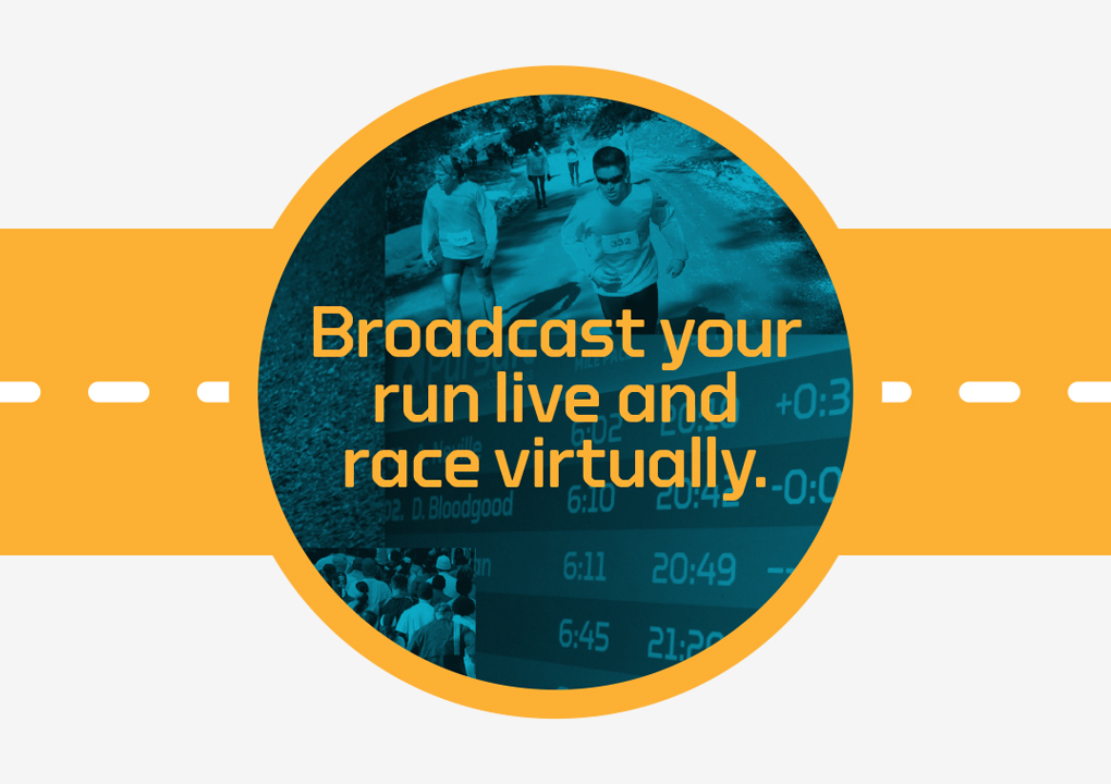 Nathan Sports Pursuit app watch-shaped graphics, with the headline "Broadcast your run live and race virtually."