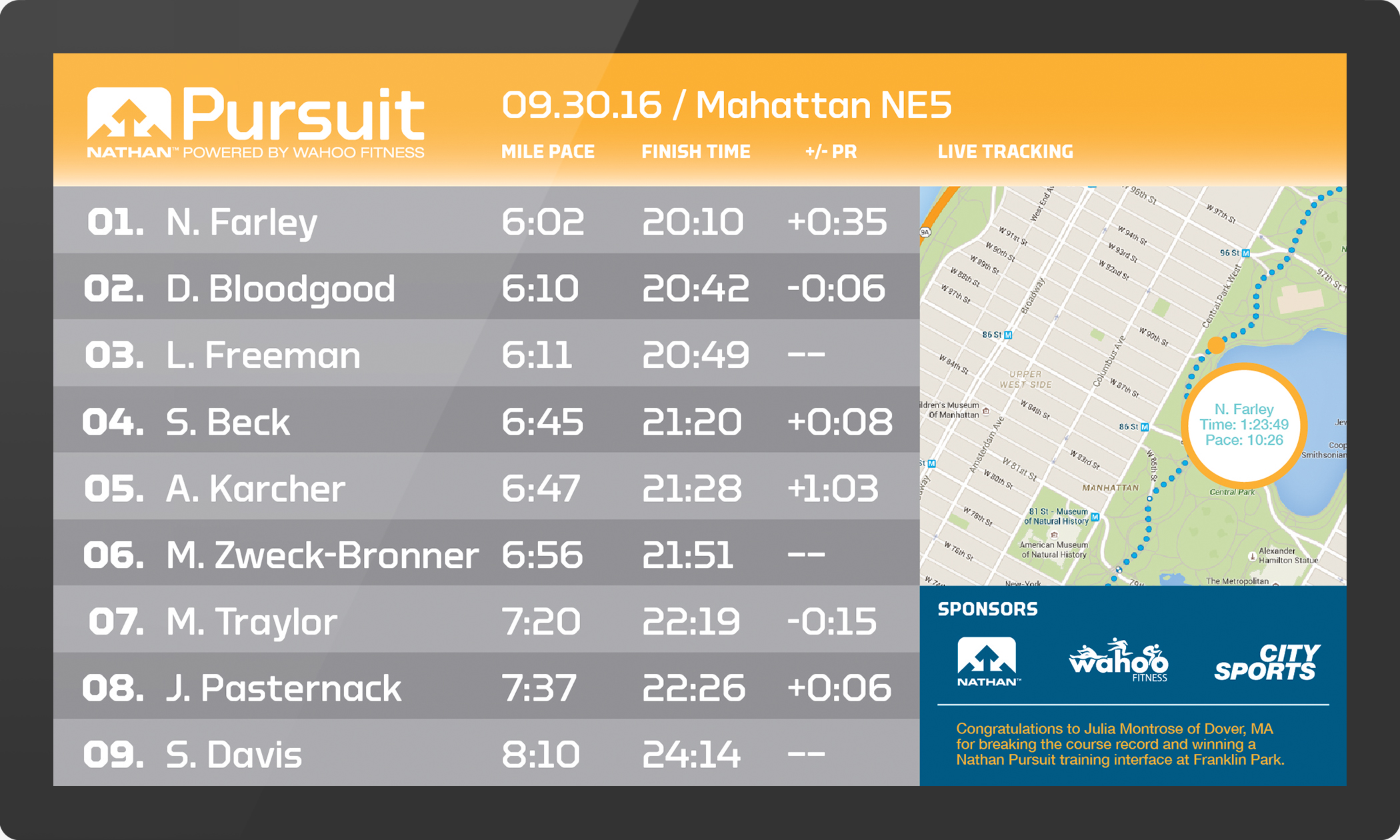 Screenshot of Nathan Sports Pursuit app interface showing a list of race times for multiple runners.