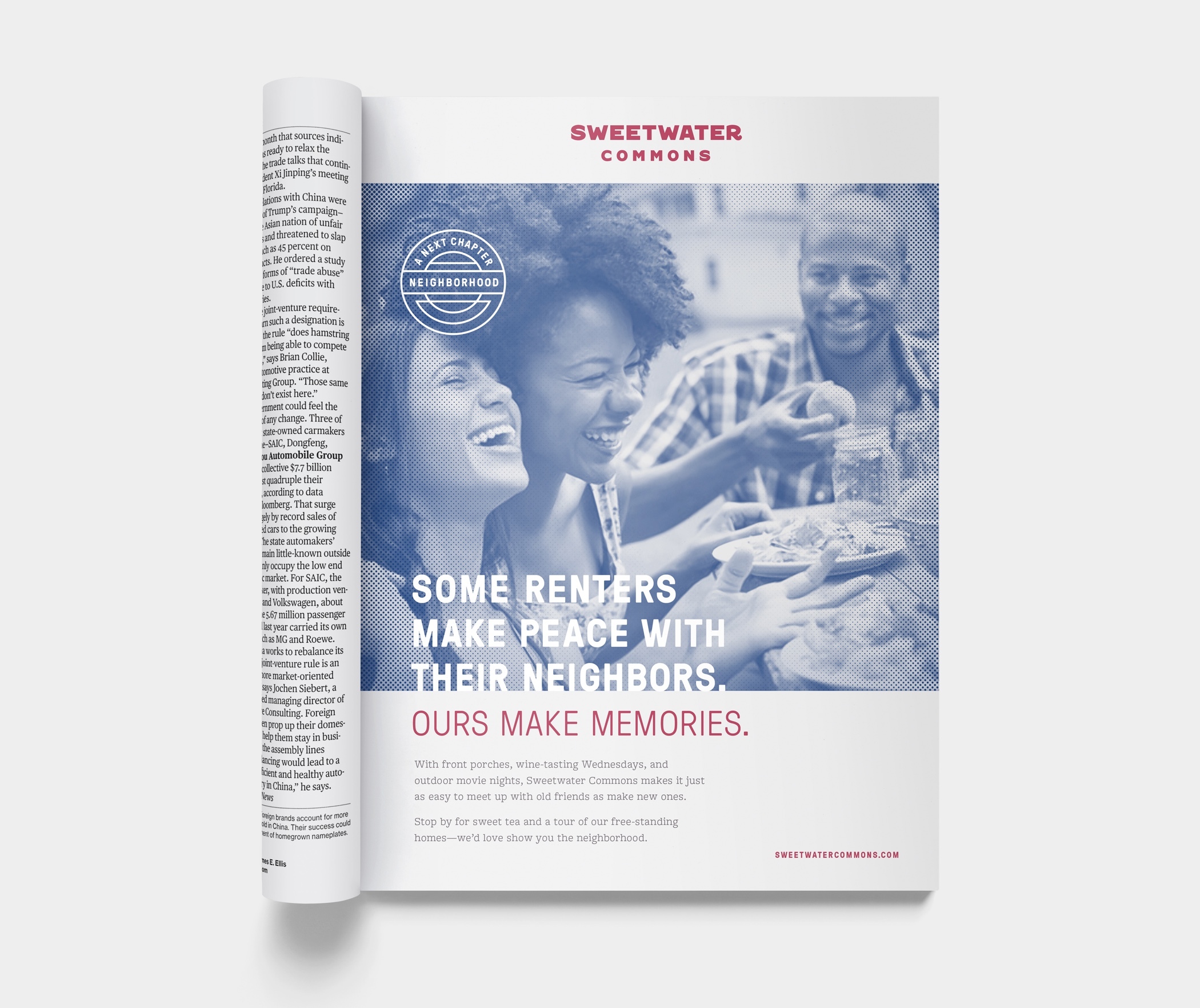 A Sweetwater Commons magazine ad with the headline, "Some renters make peace with their neighbors. Ours make memories."