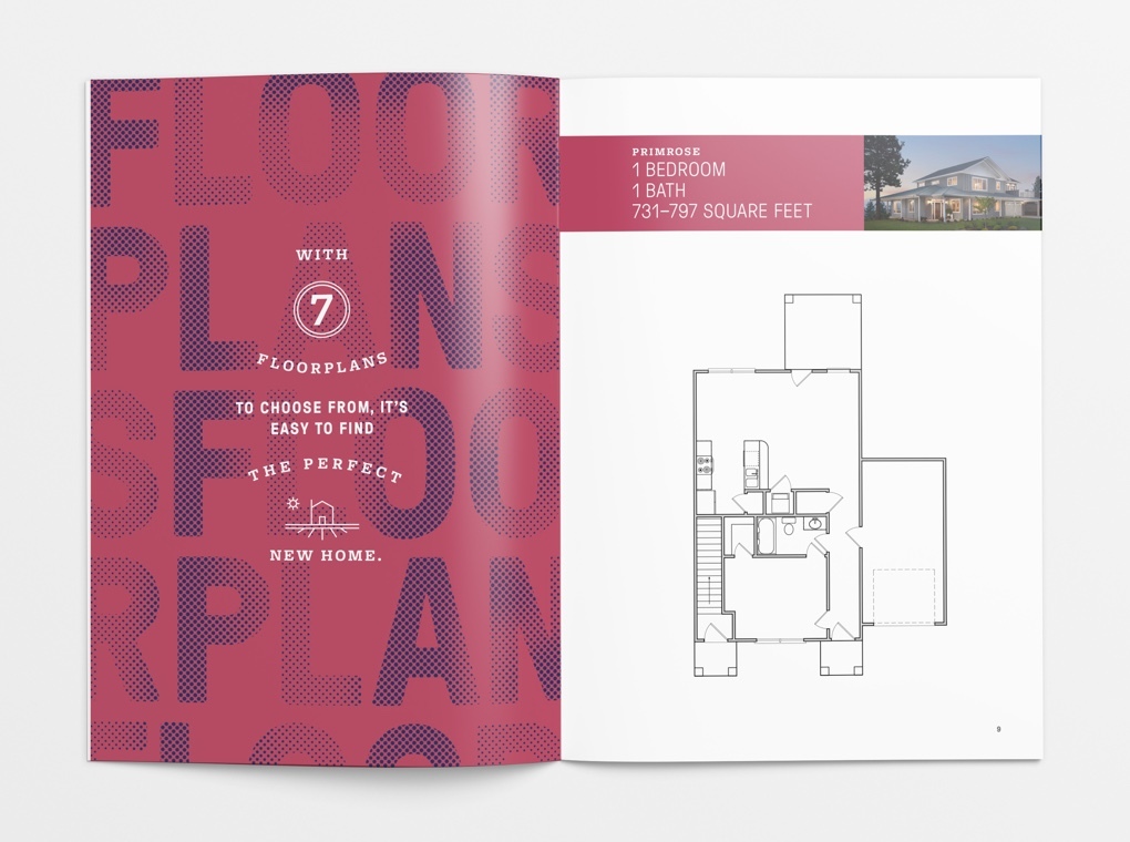 Pages from the Sweetwater Commons brochure showing the floor plan for one of the Next Chapter neighborhood cottages.