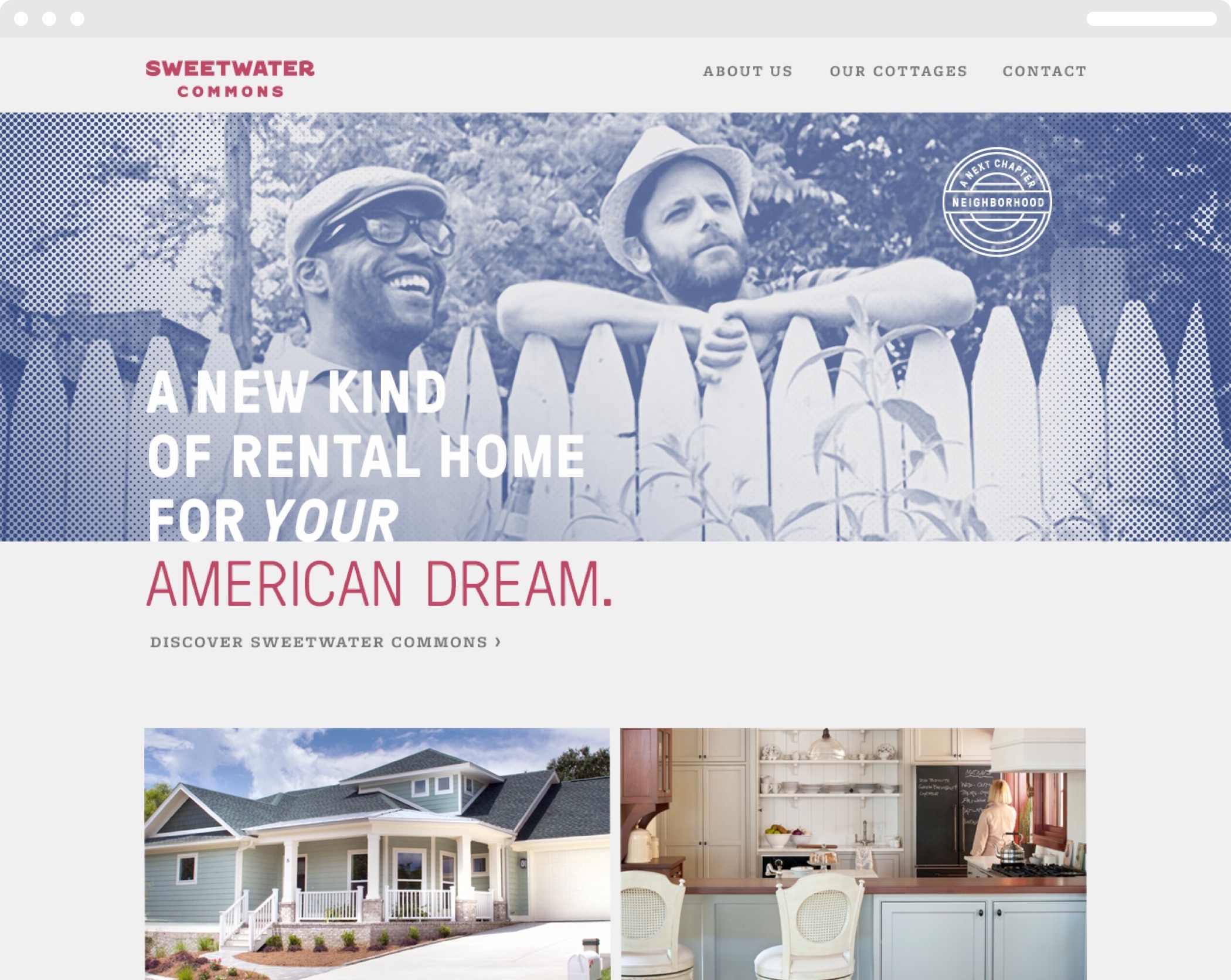 Web homepage for Sweetwater Commons, "A new kind of rental home for your American Dream." with images of homes and brochures.
