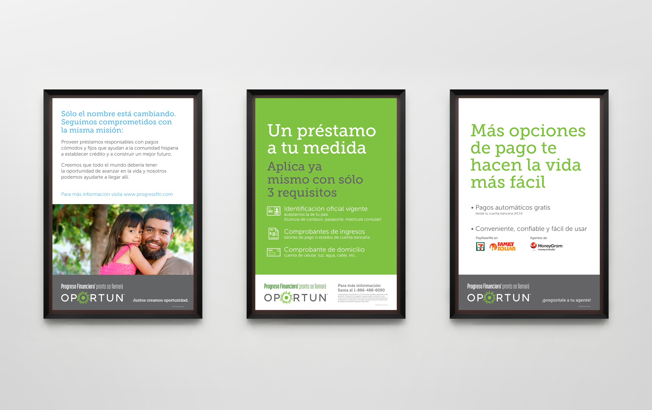 Three framed Oportun retail branch posters with information and brand slogans in Spanish.