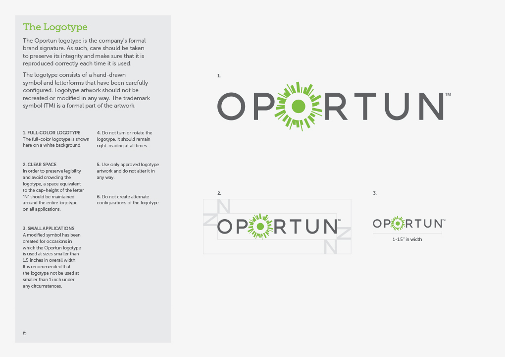 A page from the Oportun brand guidelines book showing examples of the logotype.