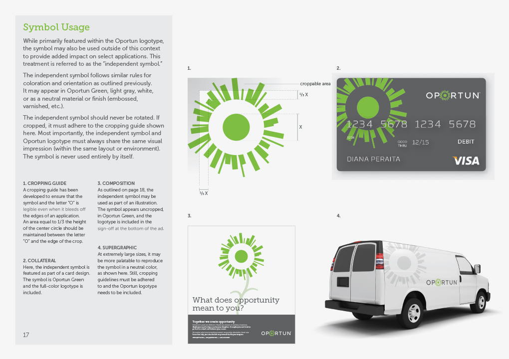 A page from the Oportun brand guidelines book showing how to use and place the green-sun brand symbol.