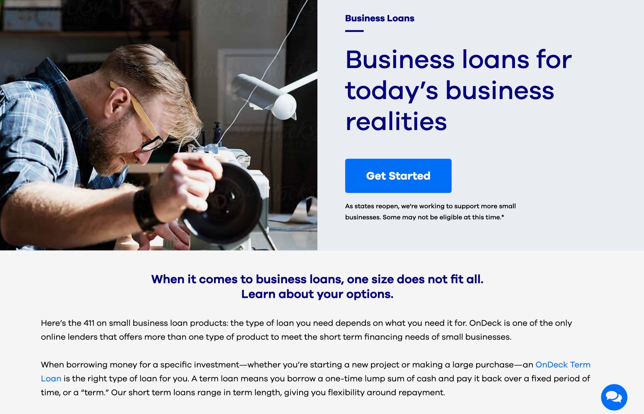 A photo of a small business person at a workbench, with the headline text: Business loans for today’s business realities.