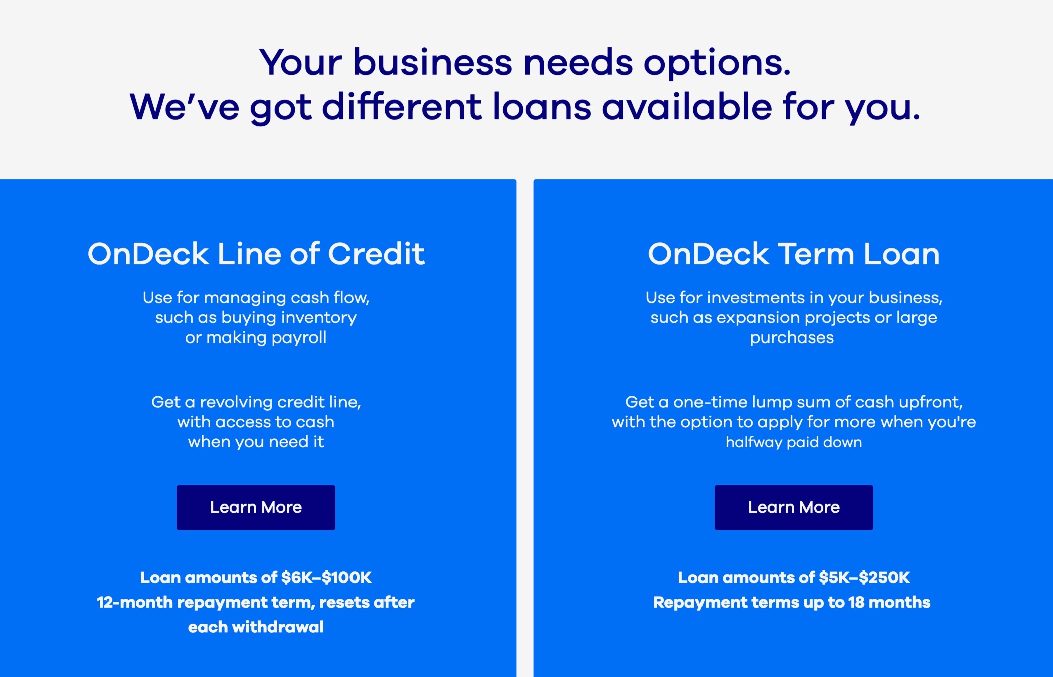 A section of the OnDeck website showing information about lines of credit and term loan options side by side.
