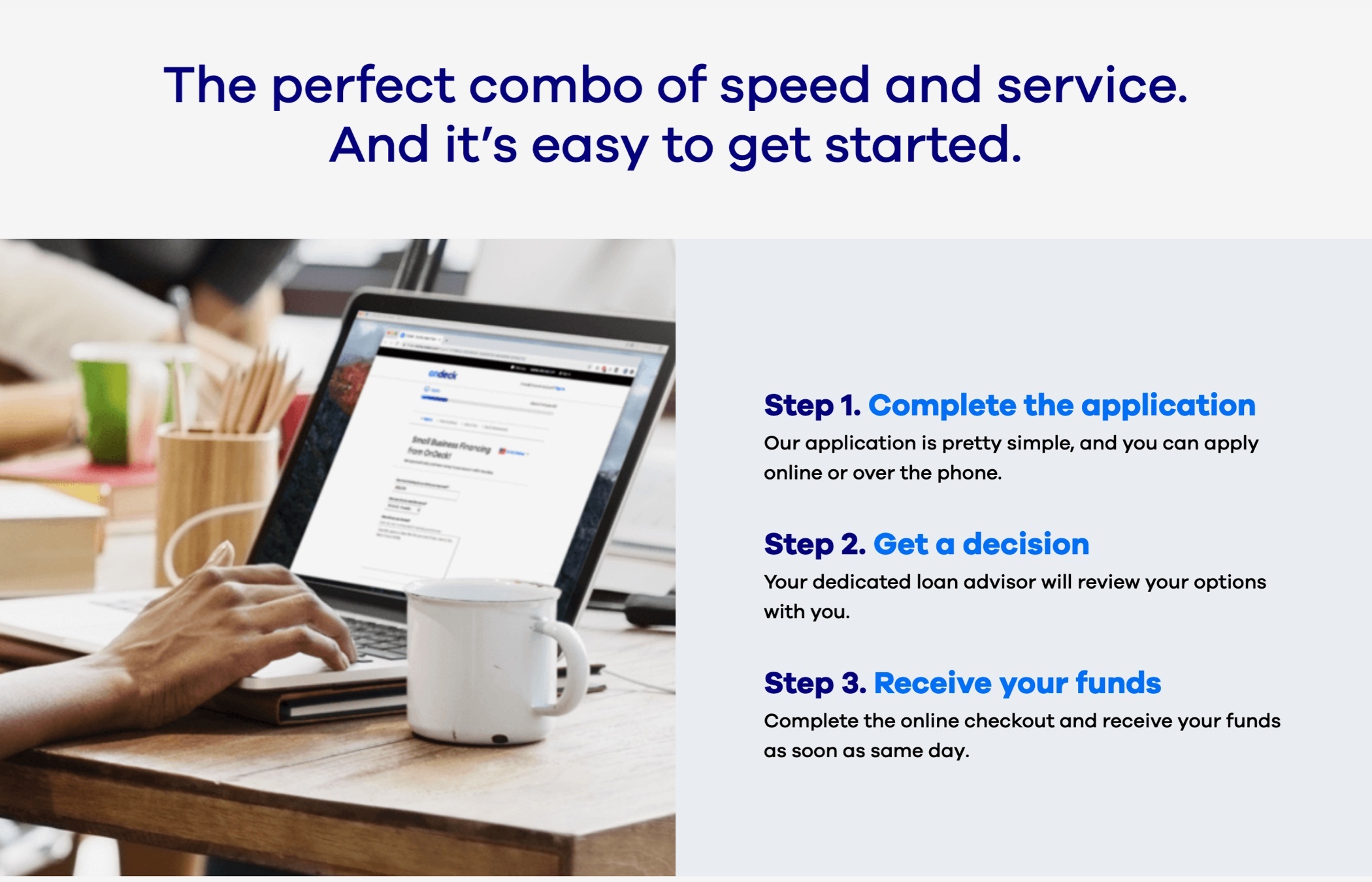 A page from the OnDeck website outlining their three step process: Complete the application; get a decision; receive your funds.