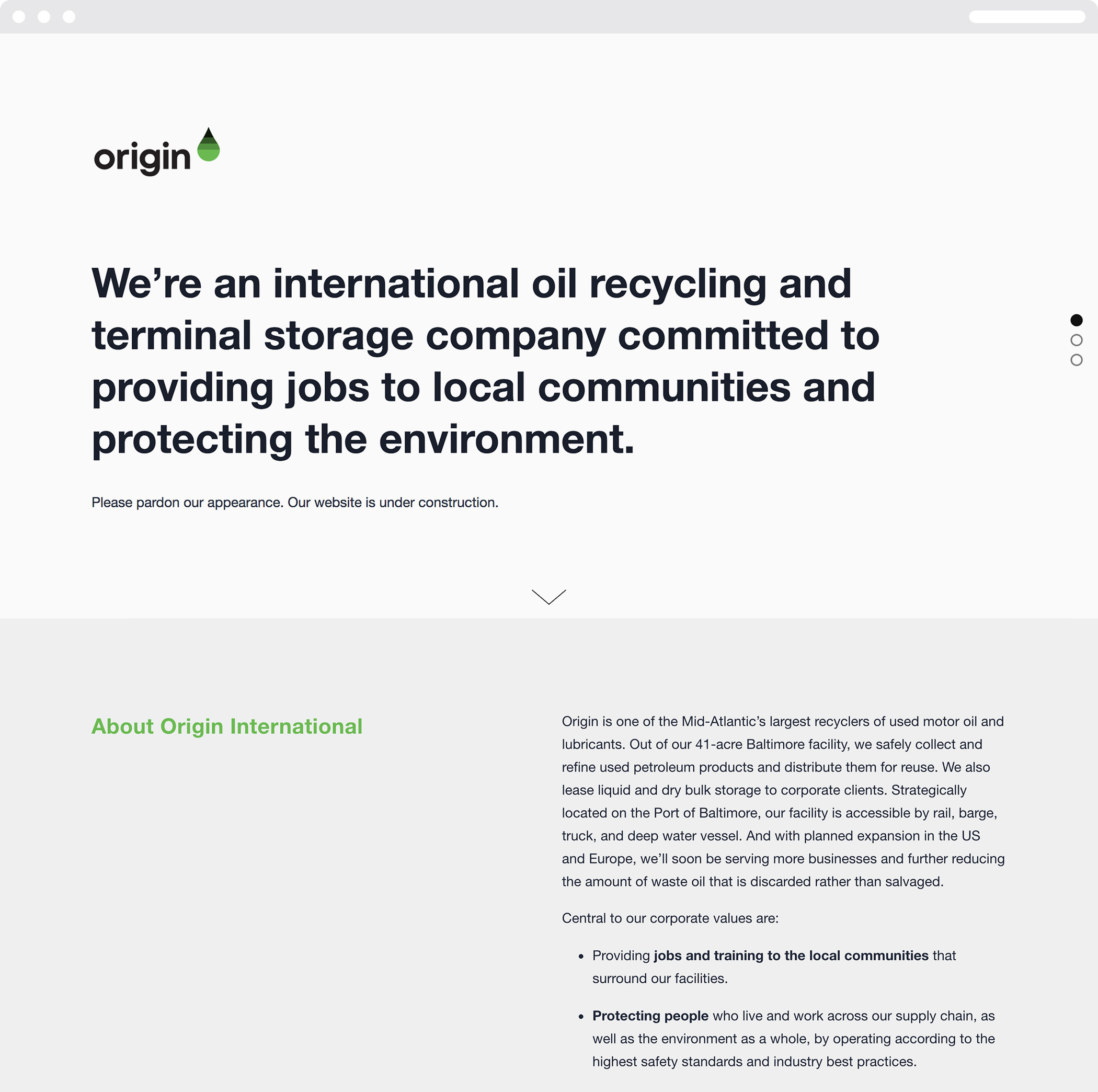 The Origin International web homepages, with its logotype and symbol and black type headline type.
