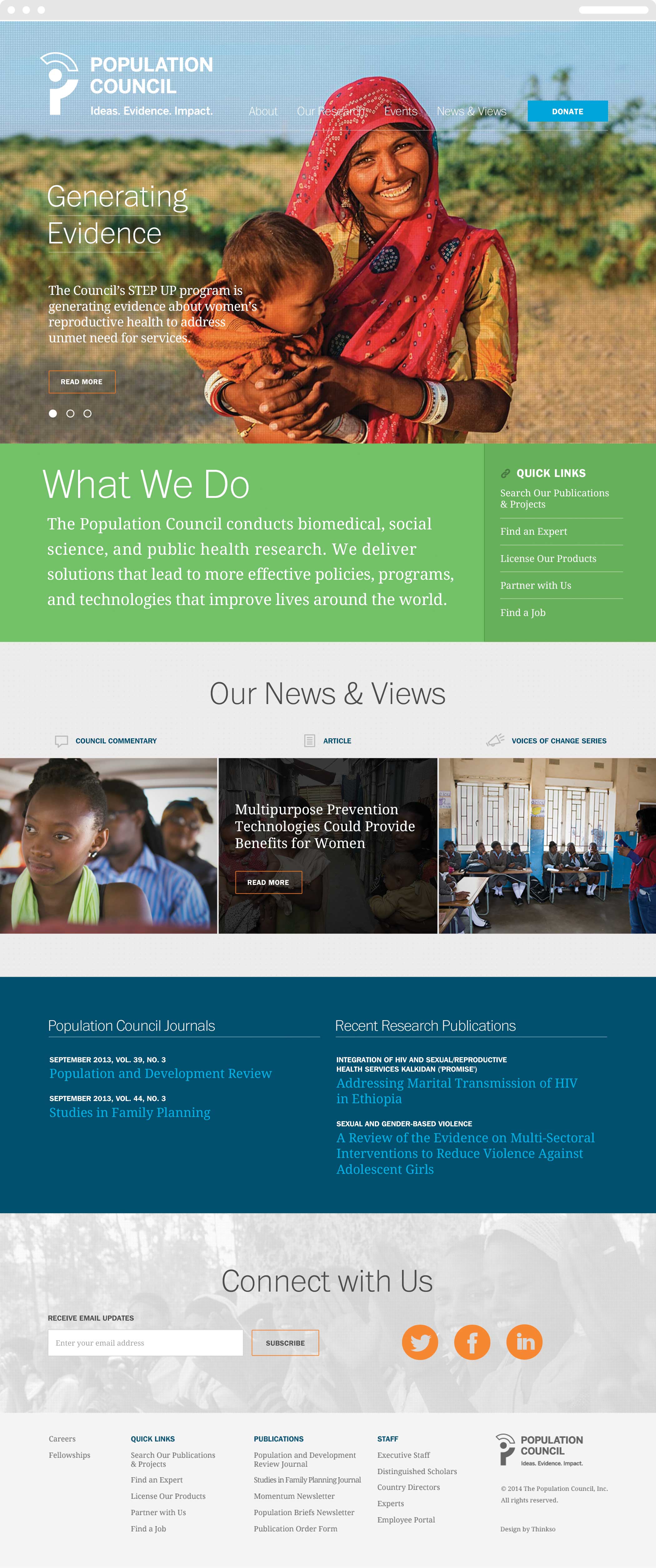 Population Council web homepage with the image of a women in traditional garments with her infant in a desert setting.