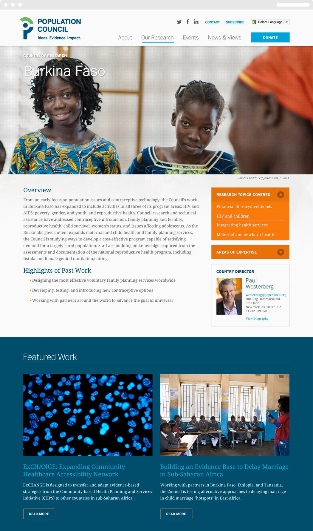 Population Council Burkina Faso country research web page, with an image three young, dark-skinned girls in colorful dress.