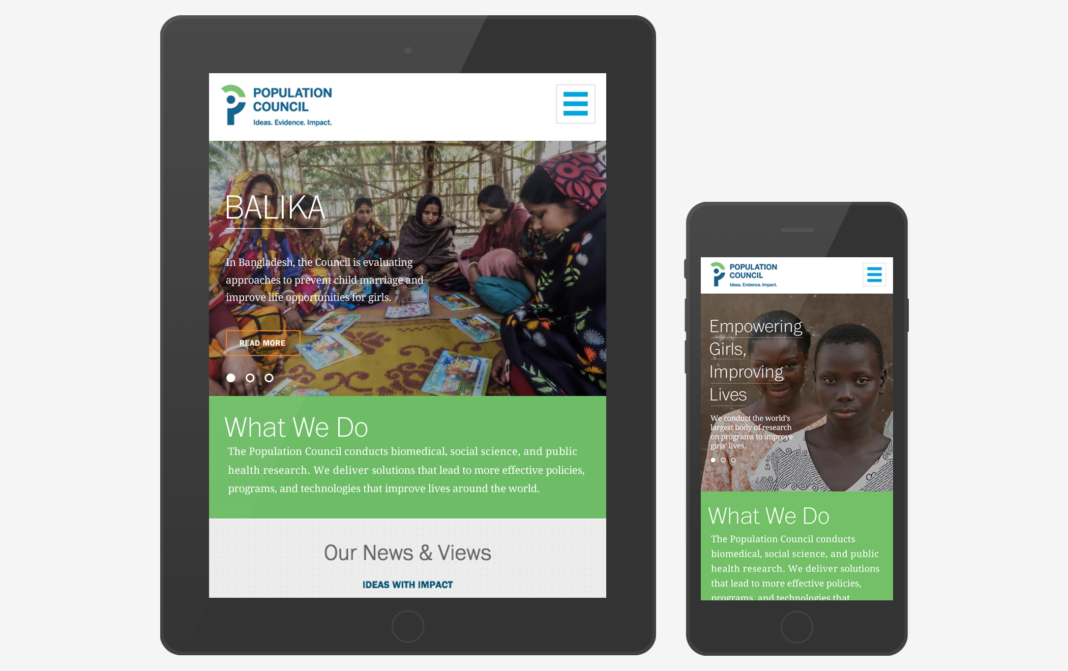Pages from the Population Council website displayed on a digital tablet and smartphone.