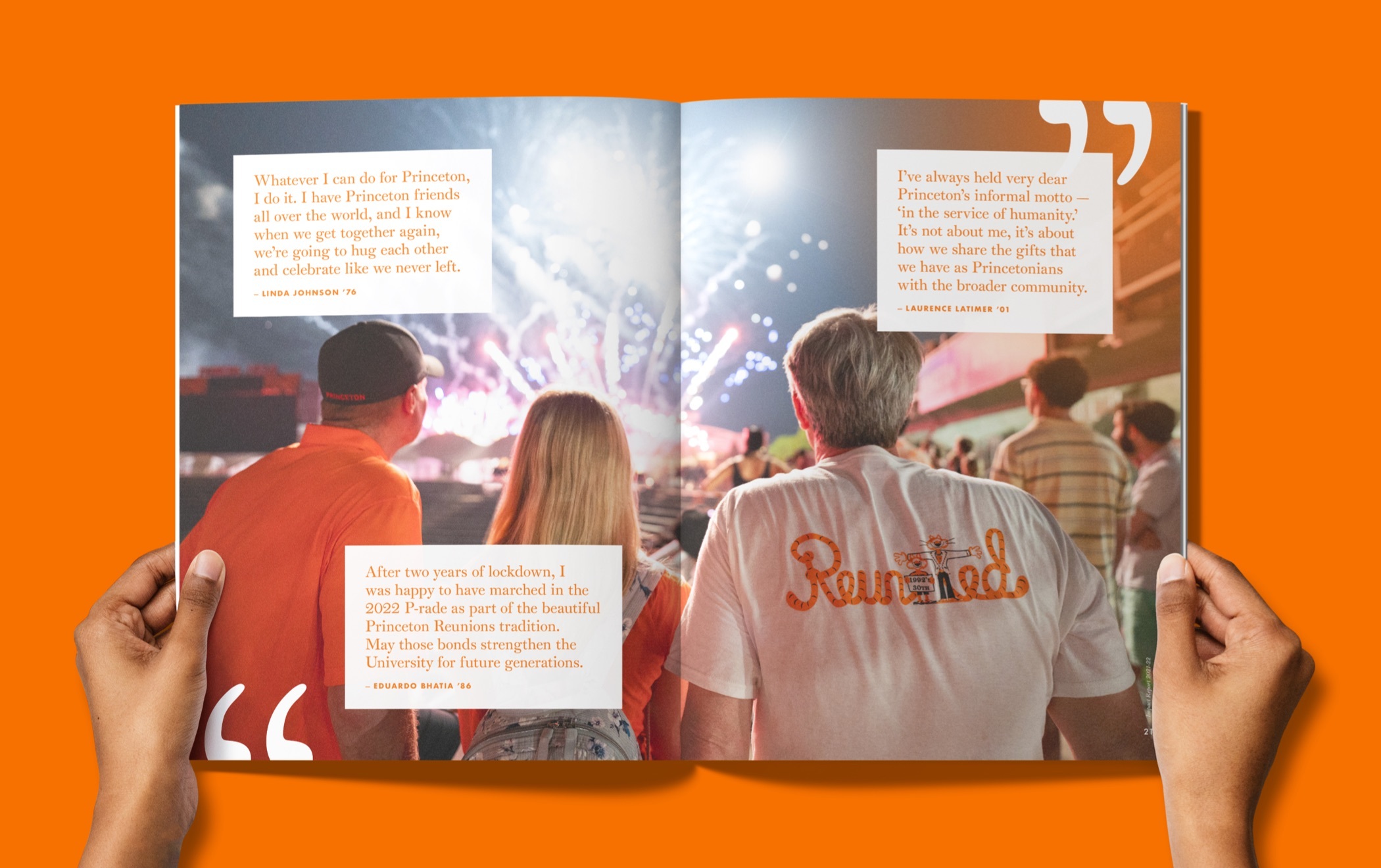 Various images of the interior pages of the report, featuring vivid photos of the Princeton campus, students, and professors, as well as consistent “What If” headers, testimonials from students, and statistics highlighting the program’s impact. Each page uses Princeton’s orange and black colors.