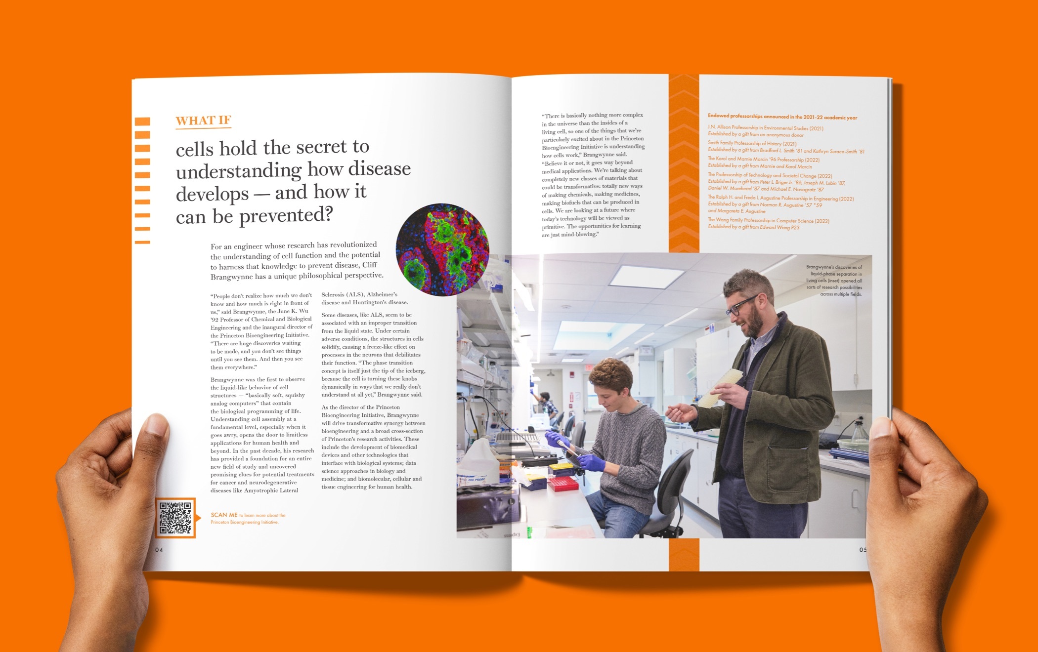 Various images of the interior pages of the report, featuring vivid photos of the Princeton campus, students, and professors, as well as consistent “What If” headers, testimonials from students, and statistics highlighting the program’s impact. Each page uses Princeton’s orange and black colors.