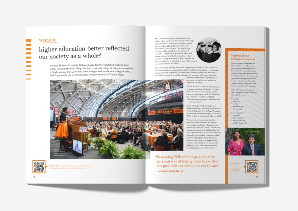 Various images of the interior pages of the report, featuring vivid photos of the Princeton campus, students, and professors, as well as consistent “What If” headers, testimonials from students, and statistics highlighting the program’s impact. Each page uses Princeton’s orange and black colors.