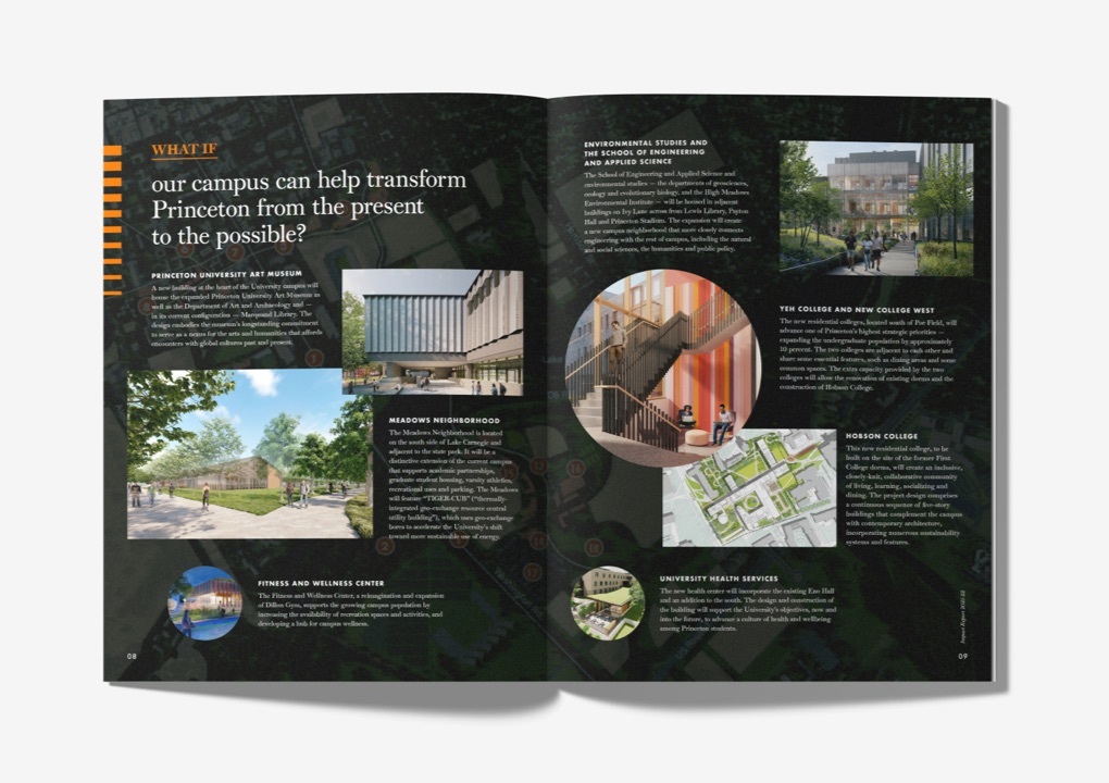 Various images of the interior pages of the report, featuring vivid photos of the Princeton campus, students, and professors, as well as consistent “What If” headers, testimonials from students, and statistics highlighting the program’s impact. Each page uses Princeton’s orange and black colors.