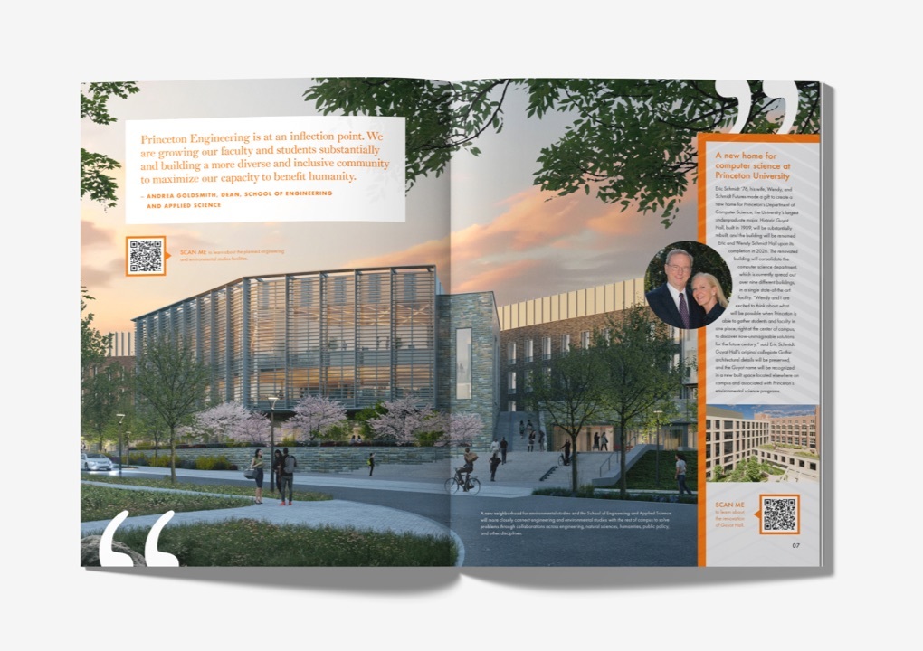 Various images of the interior pages of the report, featuring vivid photos of the Princeton campus, students, and professors, as well as consistent “What If” headers, testimonials from students, and statistics highlighting the program’s impact. Each page uses Princeton’s orange and black colors.