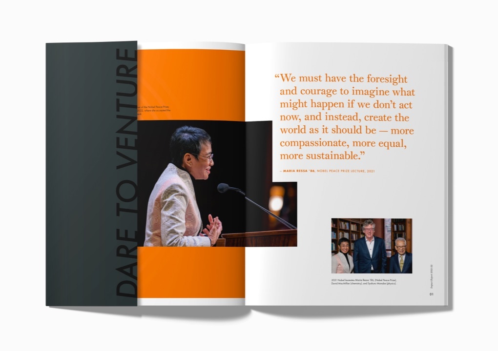 Various images of the interior pages of the report, featuring vivid photos of the Princeton campus, students, and professors, as well as consistent “What If” headers, testimonials from students, and statistics highlighting the program’s impact. Each page uses Princeton’s orange and black colors.