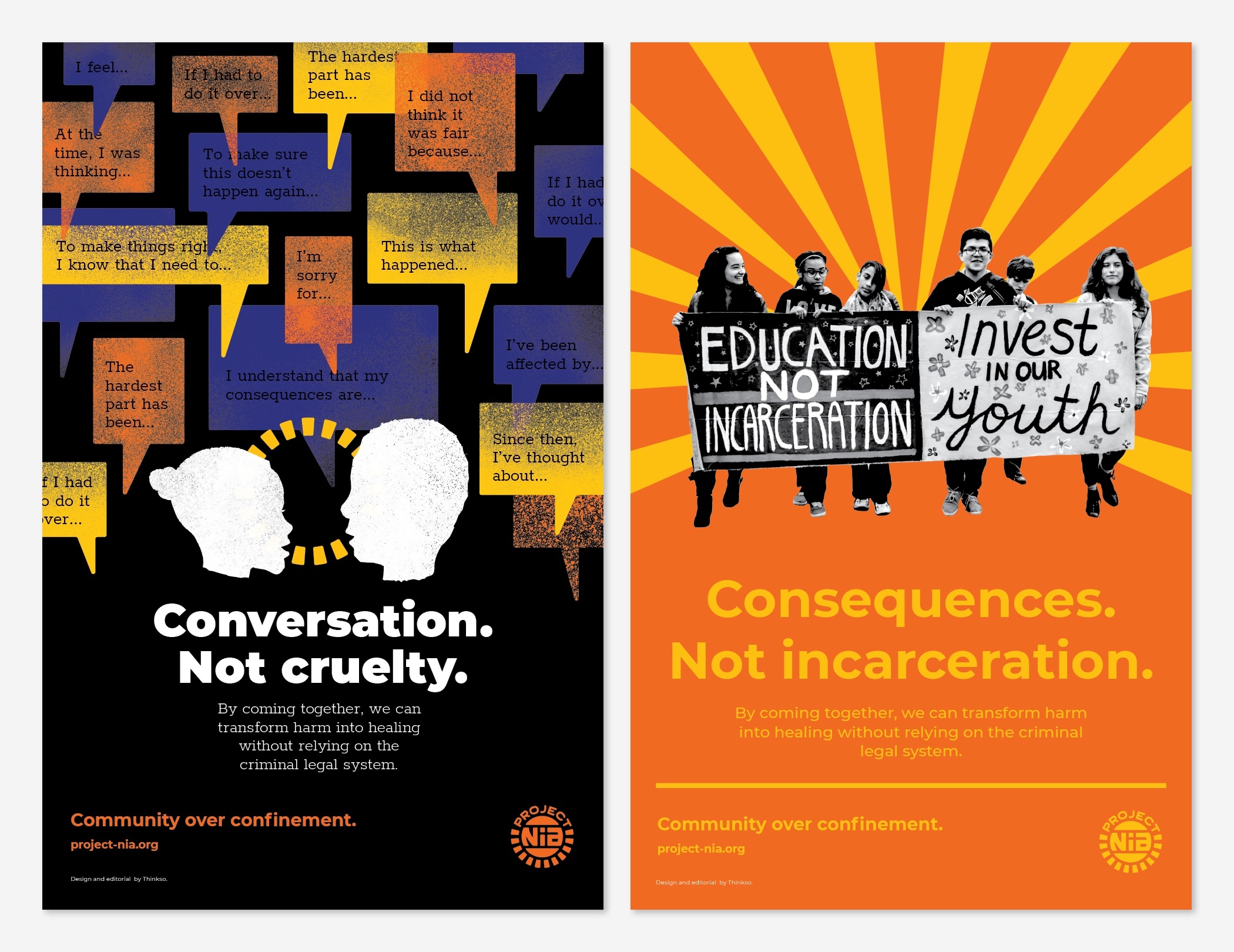 Two Project Nia educational posters with the headlines "Conversation, not cruelty" and "Consequences not incarceration.