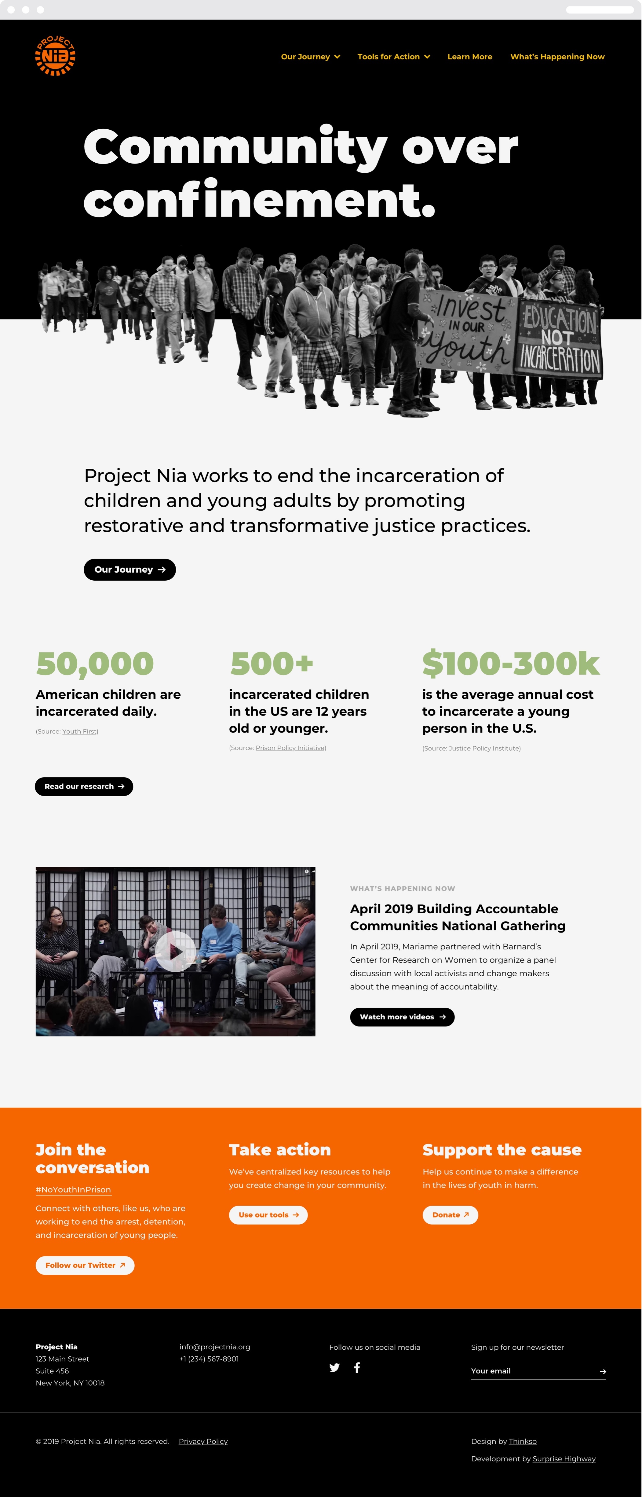 The Project Nia homepage with the headline "Community over confinement." a group of protesters, and statistics on youth incarceration.