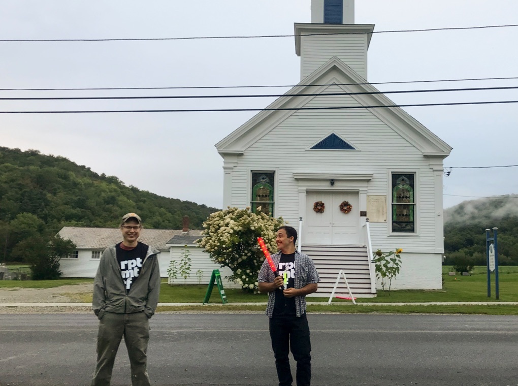 Group of photos showing volunteers wearing Rupert Mountain Theatrefest T-shirts before the production