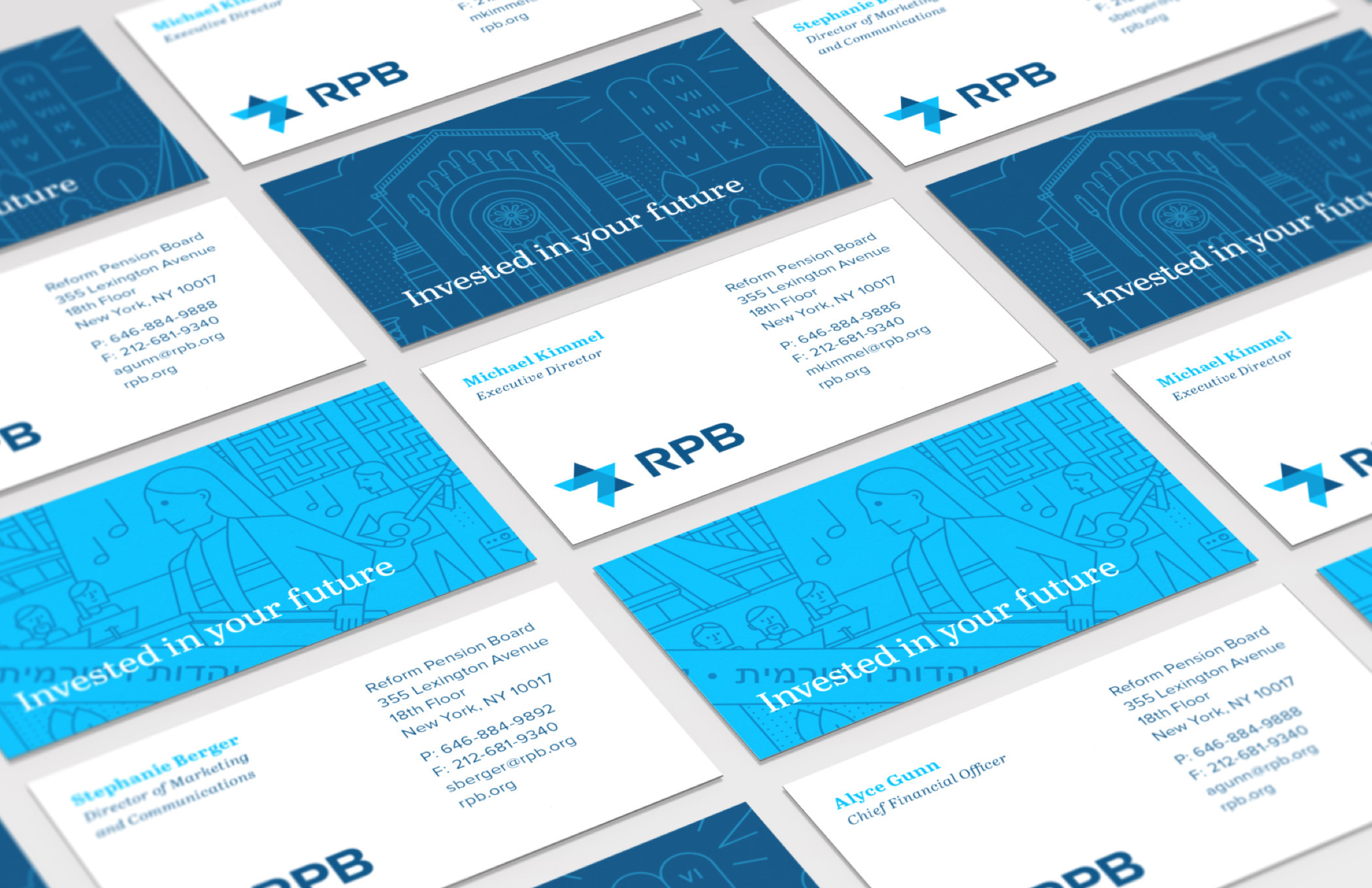 The front and back of several illustrated RPB business cards with the RPB logo and the phrase "Invested in your future."