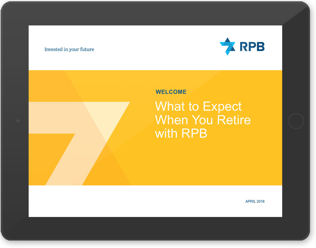 RPB investor presentation page on a computer tablet with the title "What to expect when you retire with RPB"