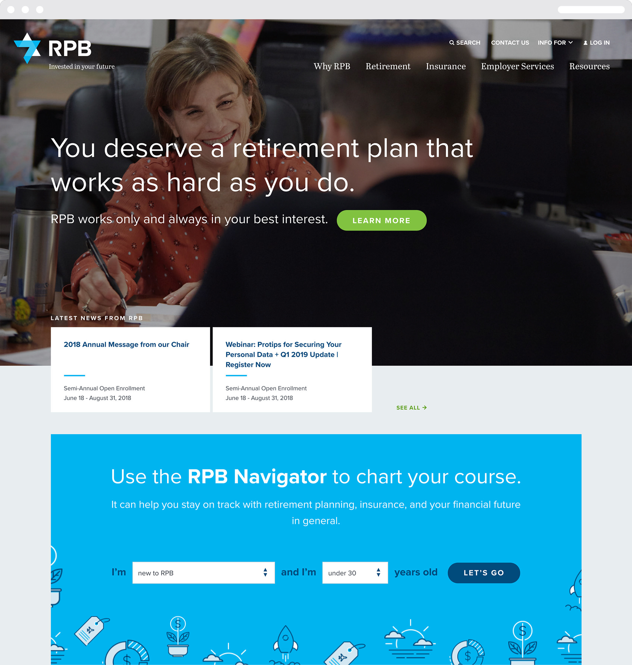 The RPB homepage featuring two people meeting and the headline "You deserve a retirement plan that works as hard as you do."