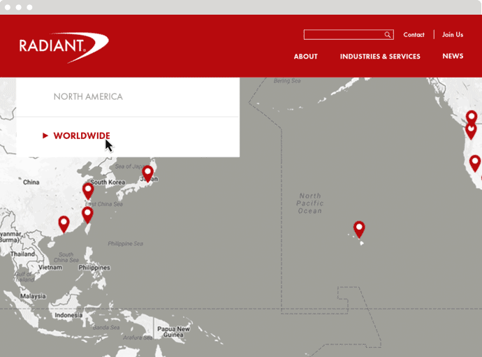 An animation showing the functionality of Radiant's web-based interactive global network map.