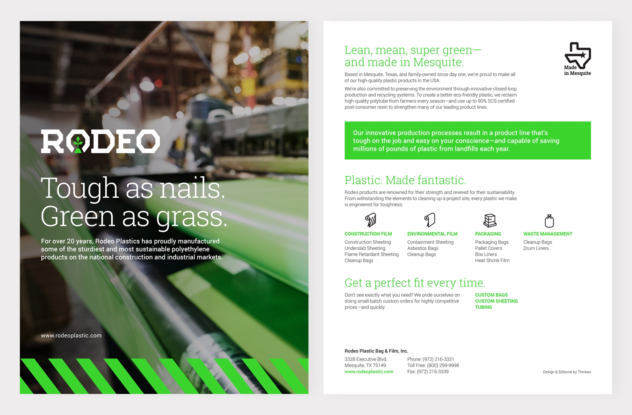 Pages of a Rodeo Plastics brochure with the title 'Tough as nails, green as grass" and product information.