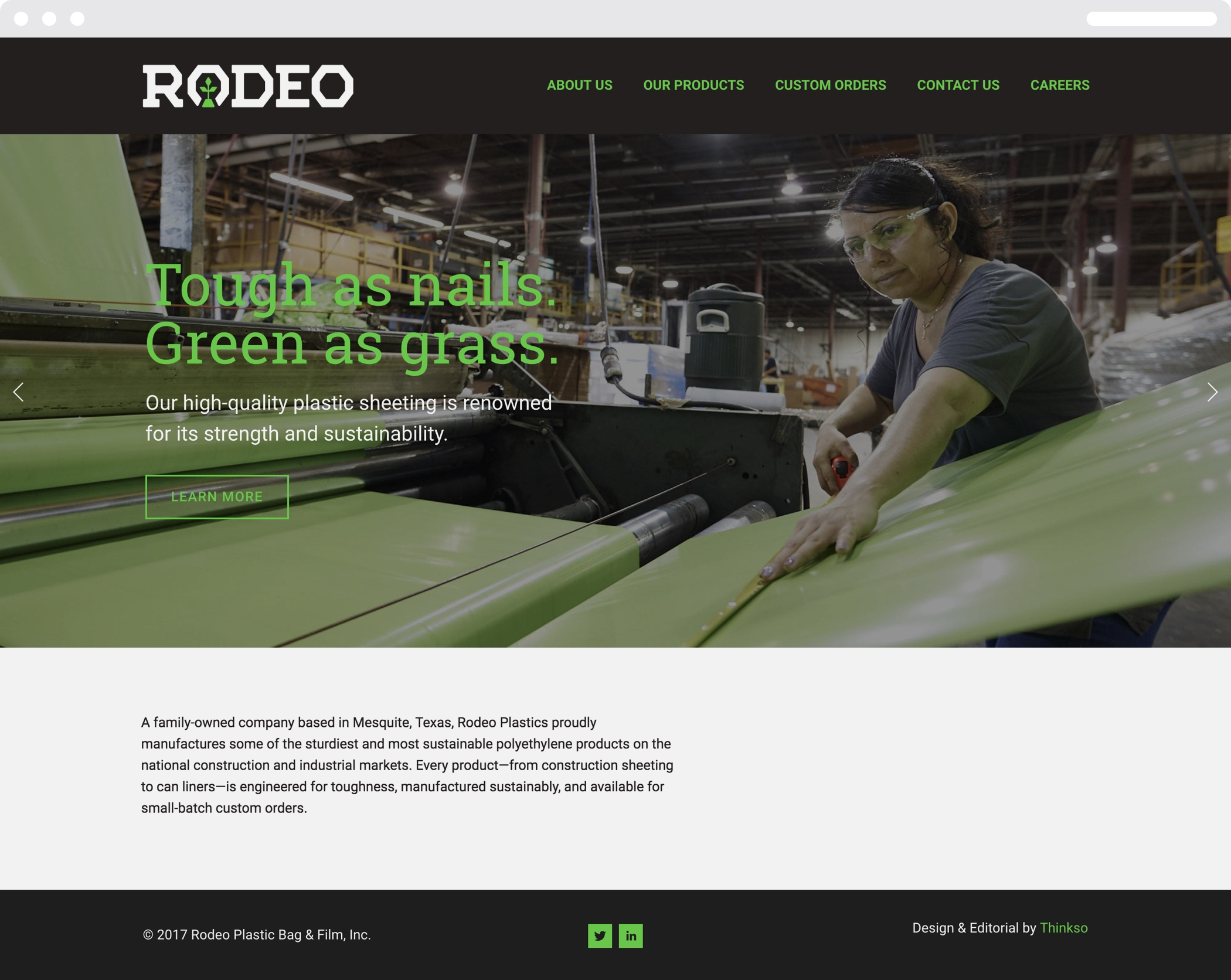 The Rodeo Plastics Wed homepage with the company logo and headline "Tough as nails, green as grass."